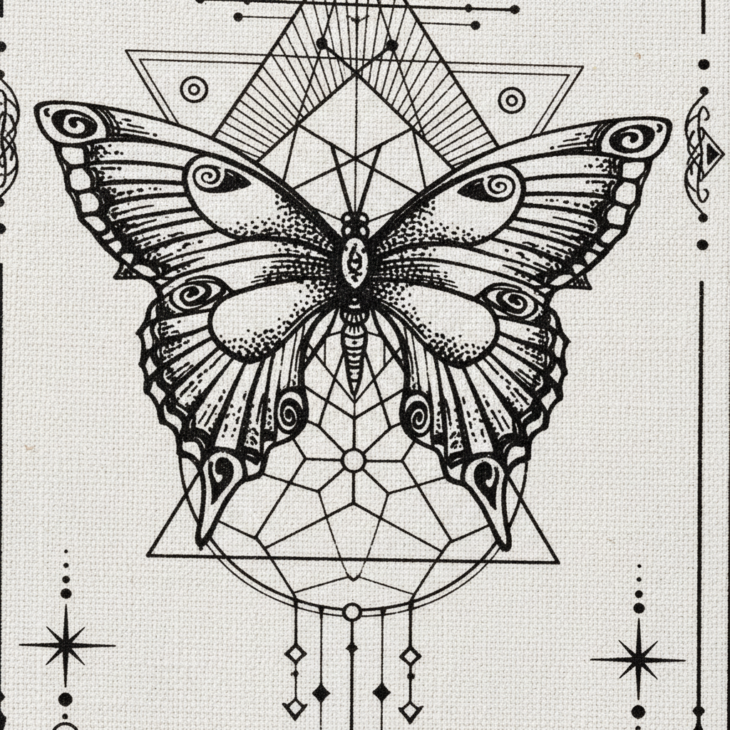 Close-up of butterfly and geometric celestial design on a black and white sun and moon banner tapestry showing fine line details and texture. — for Carpe Diem Dream