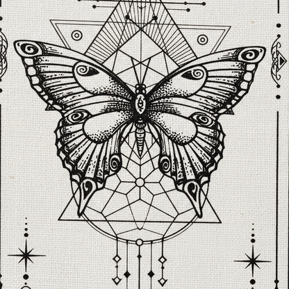 Close-up of butterfly and geometric celestial design on a black and white sun and moon banner tapestry showing fine line details and texture. — for Carpe Diem Dream