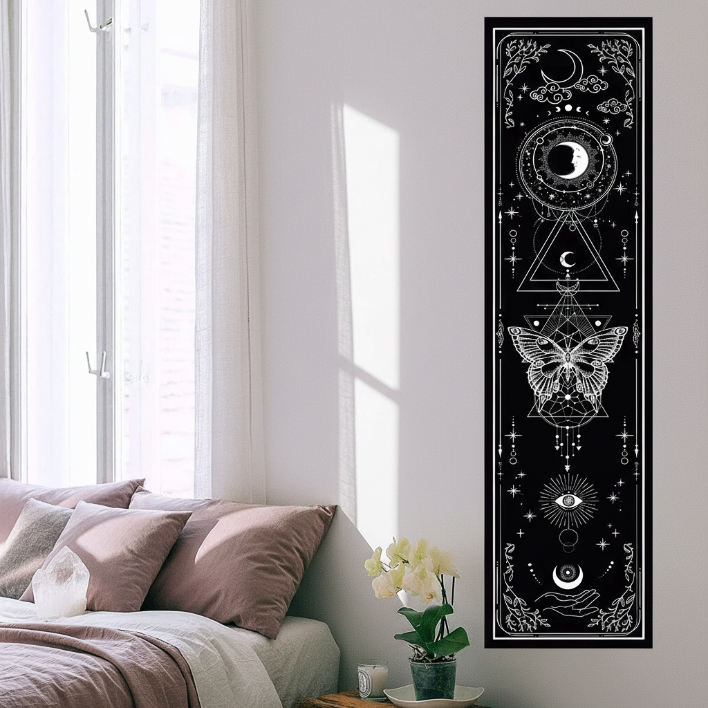Sun and moon banner tapestry hanging vertically on a bedroom wall beside a bed with soft natural light creating a calm and serene home setting. — for Carpe Diem Dream