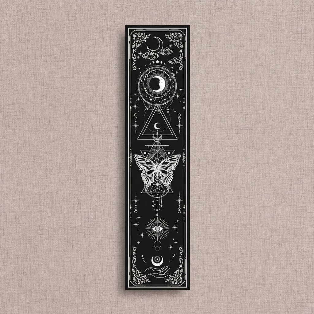Vertical black sun and moon banner tapestry with celestial symbols and butterfly design displayed on a neutral linen background with soft natural lighting. — for Carpe Diem Dream