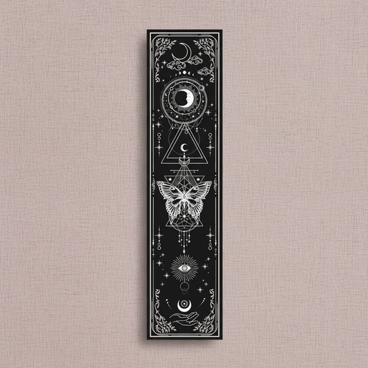 Vertical black sun and moon banner tapestry with celestial symbols and butterfly design displayed on a neutral linen background with soft natural lighting. — for Carpe Diem Dream