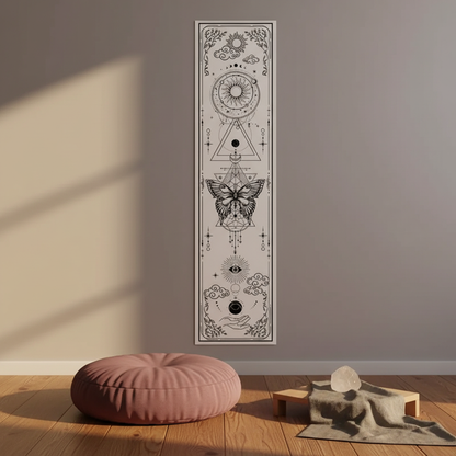 Sun and moon banner tapestry displayed on a wall in a serene meditation space with floor cushion, soft natural light, and minimal decor creating a calm grounding atmosphere. — for Carpe Diem Dream