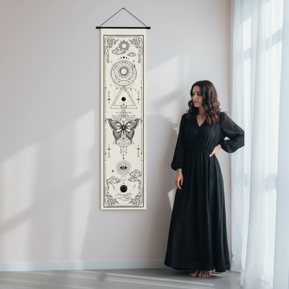 Sun and moon banner tapestry displayed vertically on a wall beside a standing woman, showing full length and true scale in a softly lit interior space. — for Carpe Diem Dream