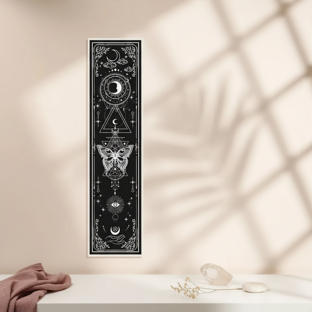 Sun and moon banner tapestry displayed on a soft neutral wall with natural light and subtle botanical shadows creating a calm minimalist studio setting. — for Carpe Diem Dream
