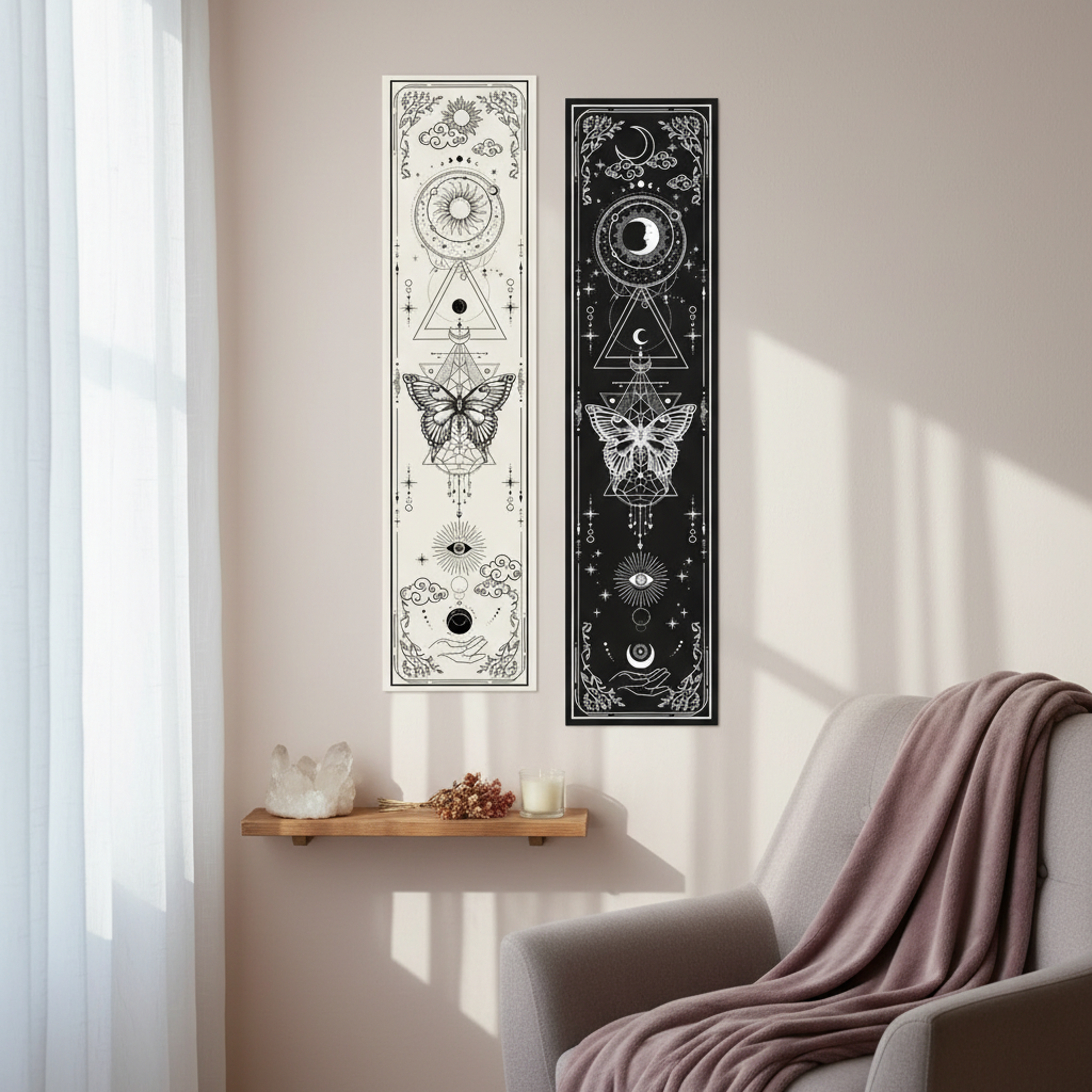 Two sun and moon banner tapestry designs in black and white displayed side by side on a neutral wall with soft natural light in a calm studio setting. — for Carpe Diem Dream