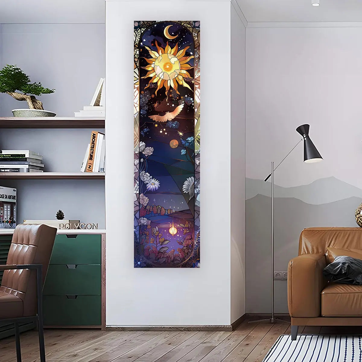 Sun and moon floral banner tapestry displayed vertically on a living room wall beside a chair and shelving, showing full length and real placement in a modern interior space. — for Carpe Diem Dream
