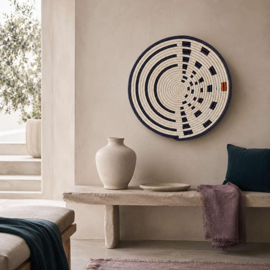 Large Sunrise Wall Basket styled on a calm sanctuary wall with travertine bench, dark teal pillow, mauve textile, soft stone ceramics, and cool neutral interior accents. — for Carpe Diem Dream