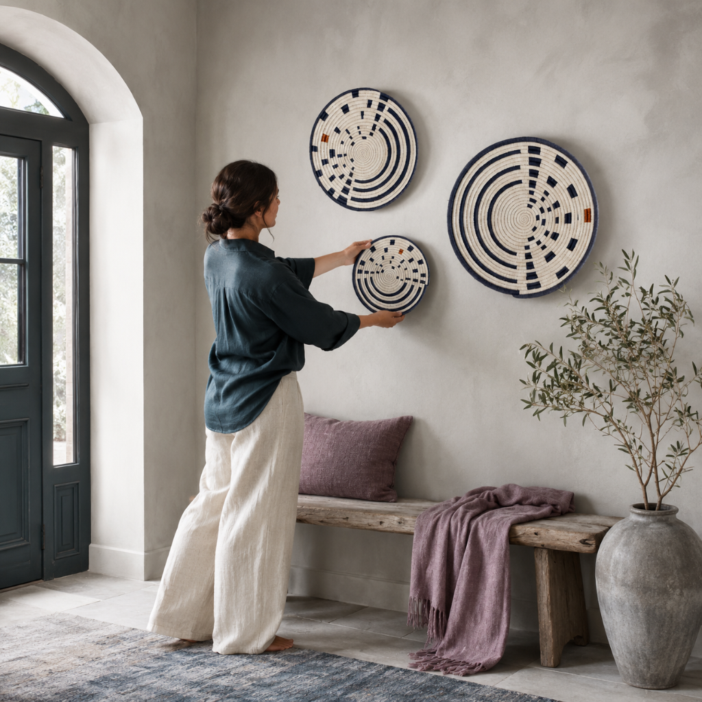 Sunrise Wall Basket set of three handwoven decorative wall baskets being arranged on a calm sanctuary wall with dark teal, mauve, and soft stone accents. — for Carpe Diem Dream
