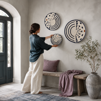 Sunrise Wall Basket set of three handwoven decorative wall baskets being arranged on a calm sanctuary wall with dark teal, mauve, and soft stone accents. — for Carpe Diem Dream