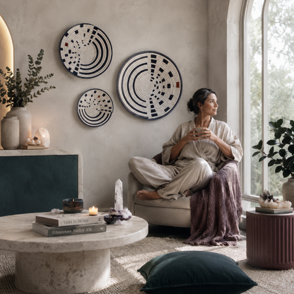 Sunrise Wall Basket set of three styled in a serene wellness room with a woman relaxing by the window, dark teal accents, mauve textiles, stone surfaces, and cool natural light. — for Carpe Diem Dream