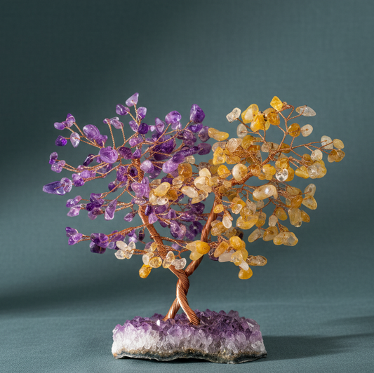 Amethyst and citrine crystal abundance tree displayed upright on a muted teal backdrop. — for Carpe Diem Dream