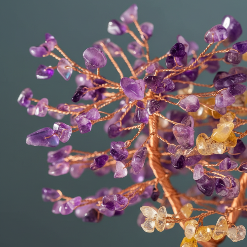 Close-up view of amethyst and citrine leaves on a wire-wrapped crystal abundance tree against a muted teal backdrop. — for Carpe Diem Dream