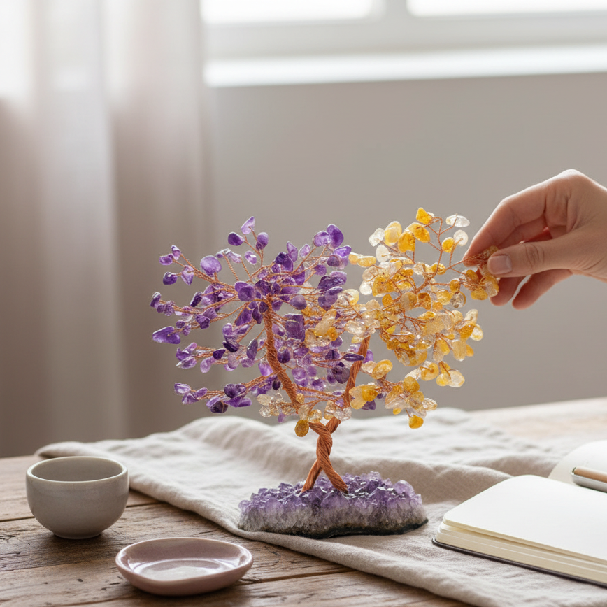 Amethyst and citrine crystal abundance tree on a wooden table with soft morning light as a hand gently adjusts the branches. — for Carpe Diem Dream