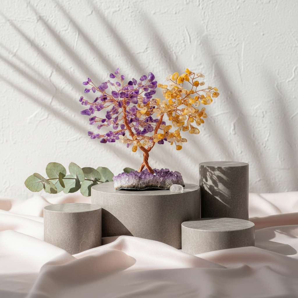 Amethyst and citrine crystal abundance tree displayed on neutral stone pedestals with soft shadows against a textured white wall. — for Carpe Diem Dream