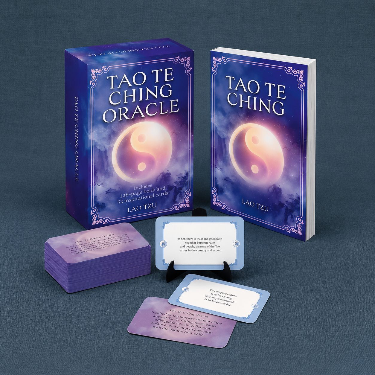 The Tao Te Ching Oracle Book & Cards featuring an illustrated wisdom guide, 52 inspirational cards, display stand, and presentation box displayed on a textured #374F59 linen studio background with cool diffused daylight and soft shadows. — for Carpe Diem Dream
