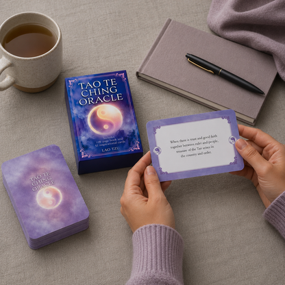 The Tao Te Ching Oracle Book & Cards displayed with a tea mug, journal, and reflective card selection, illustrating the deck's purpose as a daily wisdom and self-reflection practice. — for Carpe Diem Dream
