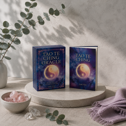The Tao Te Ching Oracle Book & Cards displayed on a stone riser with rose quartz, clear quartz, eucalyptus, and a muted mauve textile in the Carpe Diem Dream studio botanical setting. — for Carpe Diem Dream