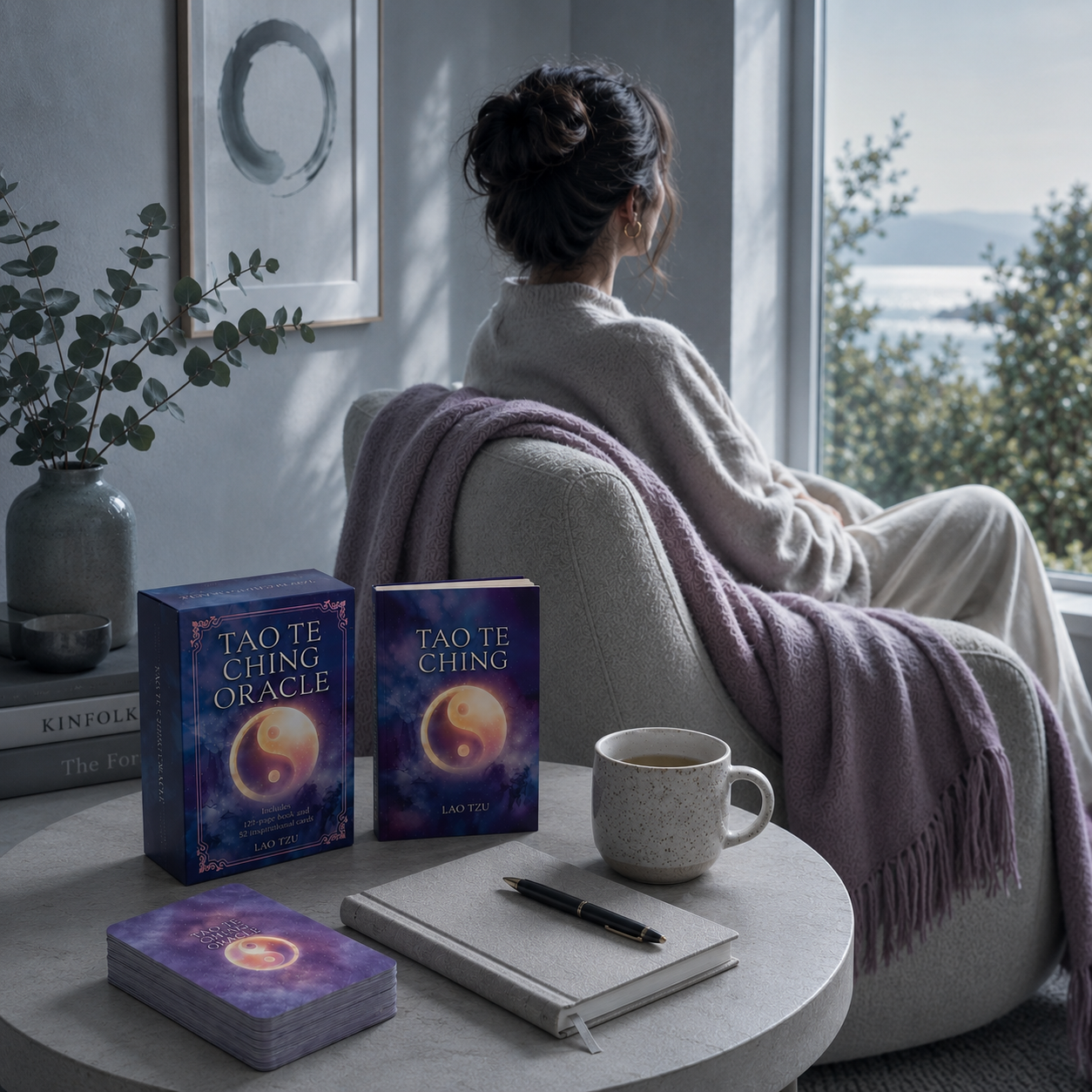 The Tao Te Ching Oracle Book & Cards displayed within a cool-toned sanctuary setting that reflects the calm, clarity, balance, and mindful perspective cultivated through a regular wisdom practice. — for Carpe Diem Dream