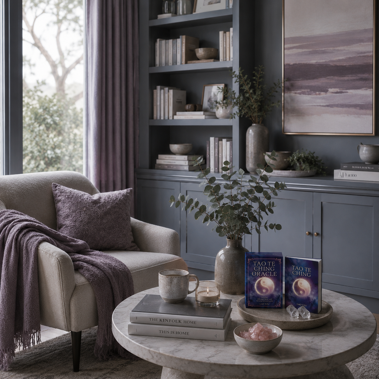 The Tao Te Ching Oracle Book & Cards displayed within a thoughtfully designed sanctuary living room featuring cool grey-blue cabinetry, mauve textiles, natural textures, and a calm reading space that reflects an intentional and mindful lifestyle. — for Carpe Diem Dream