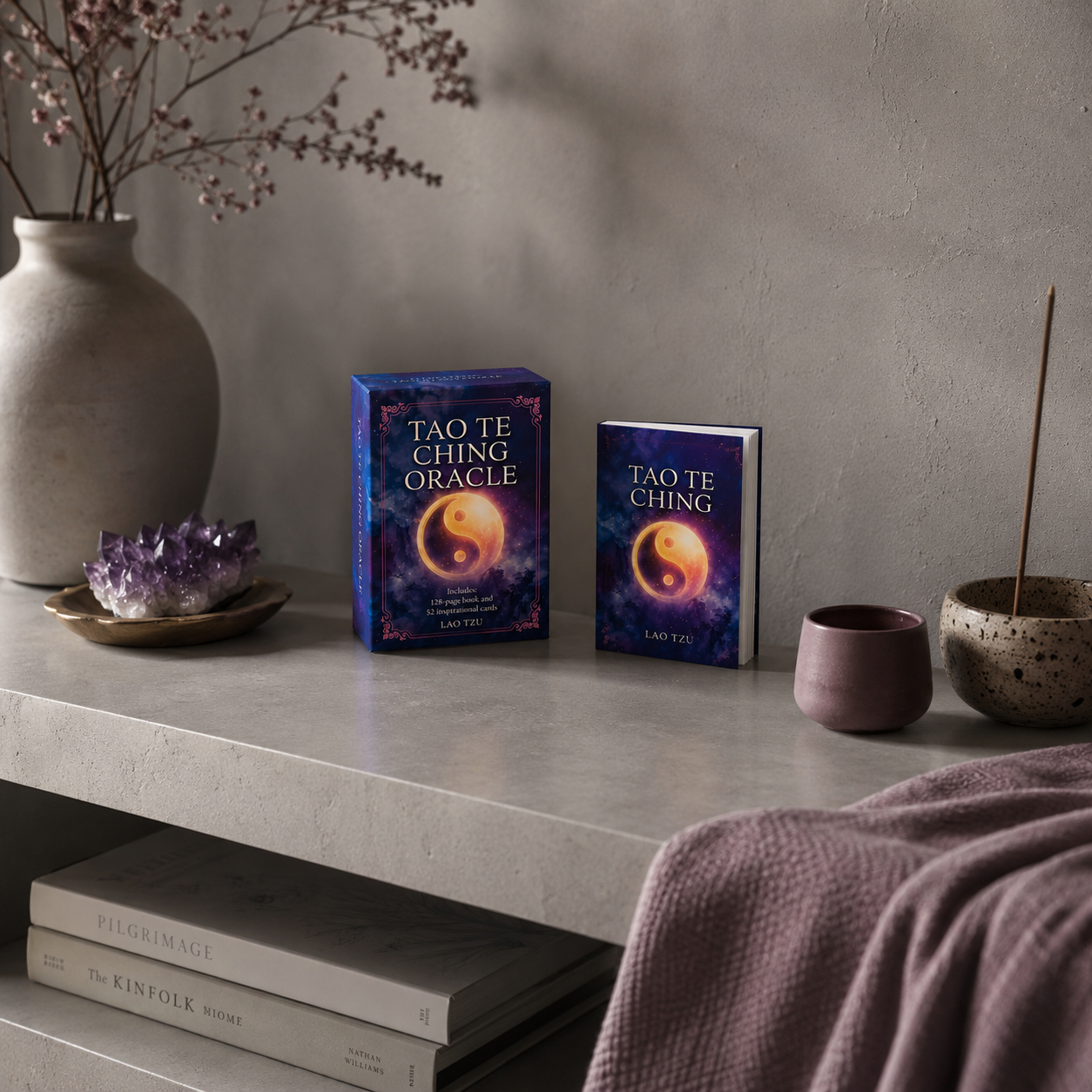Tao Te Ching Oracle by Lao Tzu displayed within a quiet sanctuary shelf vignette featuring soft natural textures, subtle mauve accents, and cool diffused light, creating a sense of contemplation, balance, and intentional living. — for Carpe Diem Dream