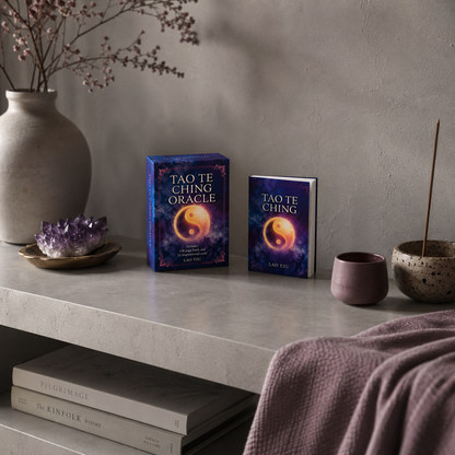 Tao Te Ching Oracle by Lao Tzu displayed within a quiet sanctuary shelf vignette featuring soft natural textures, subtle mauve accents, and cool diffused light, creating a sense of contemplation, balance, and intentional living. — for Carpe Diem Dream