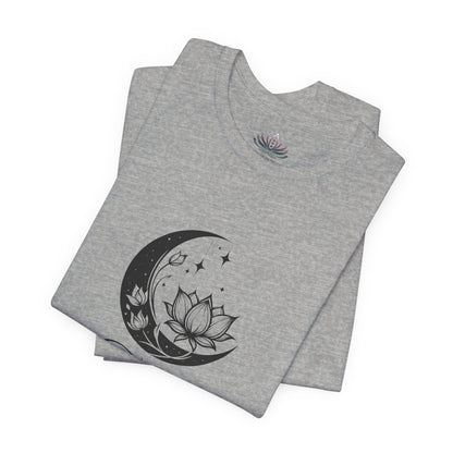 Taurus Moon I Cherish Stability zodiac T-shirt in Athletic Heather with black moon-inspired lotus, floral, and celestial artwork, shown folded in a supplier mockup. — for Carpe Diem Dream