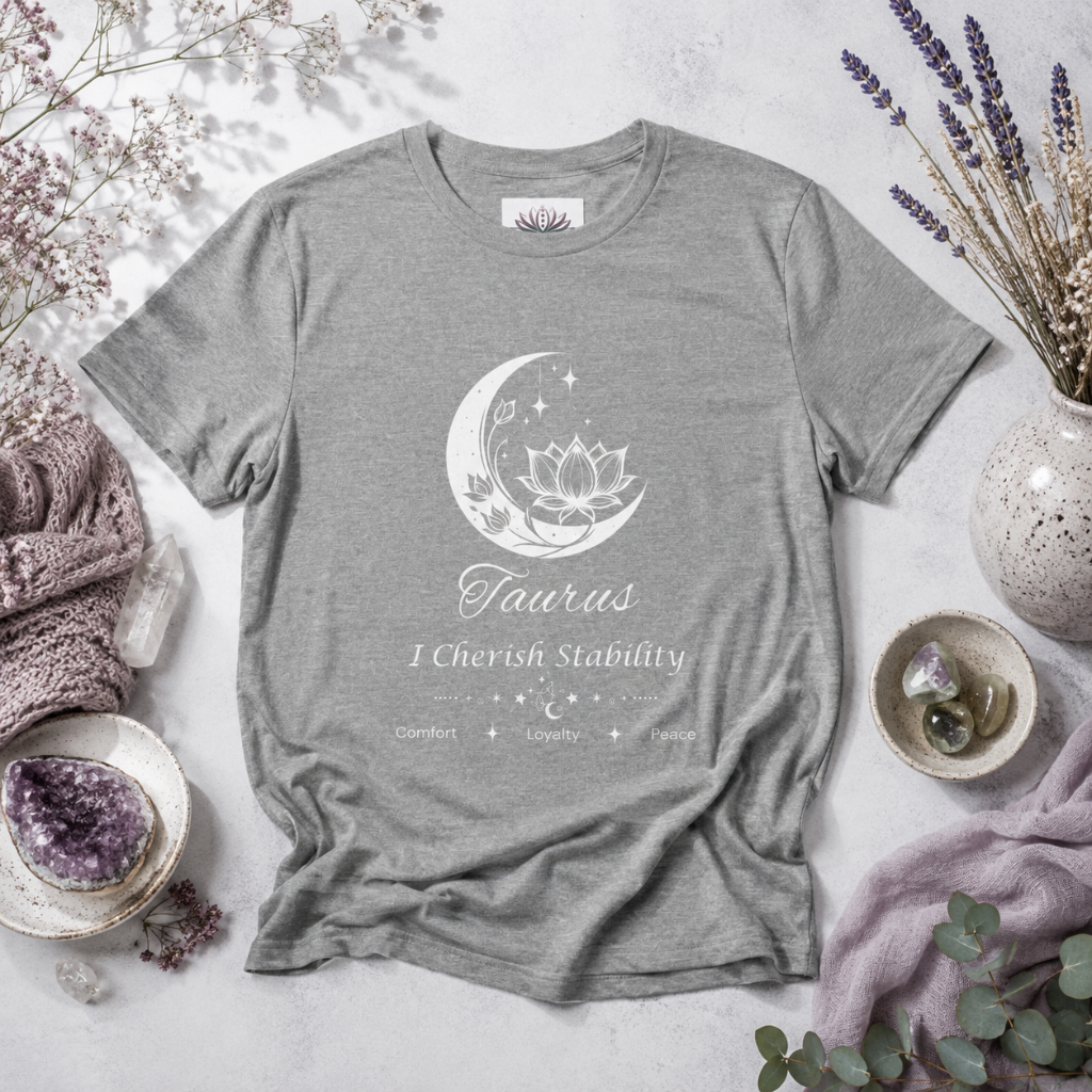 Taurus Moon I Cherish Stability zodiac T-shirt in Athletic Heather with white moon-inspired lotus, floral, and celestial artwork and Comfort, Loyalty, Peace text, styled in a cool-toned studio botanical flat lay with lavender, eucalyptus, crystals, and ceramic accents. — for Carpe Diem Dream