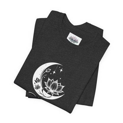 Taurus Moon I Cherish Stability zodiac T-shirt in Dark Grey Heather with white moon-inspired lotus, floral, and celestial artwork, shown folded in a supplier mockup. — for Carpe Diem Dream