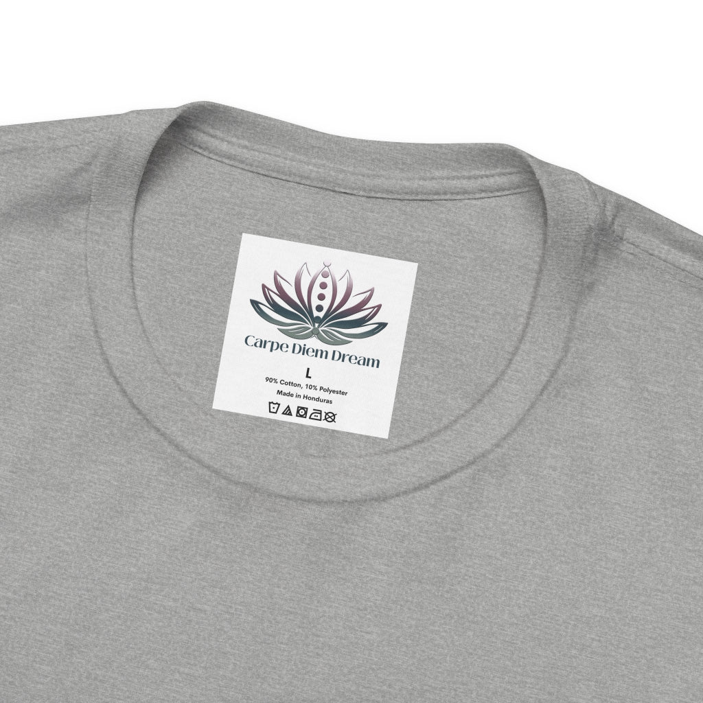 Close-up of the custom Carpe Diem Dream inner neck label on the Taurus Moon I Cherish Stability Bella+Canvas zodiac T-shirt. — for Carpe Diem Dream