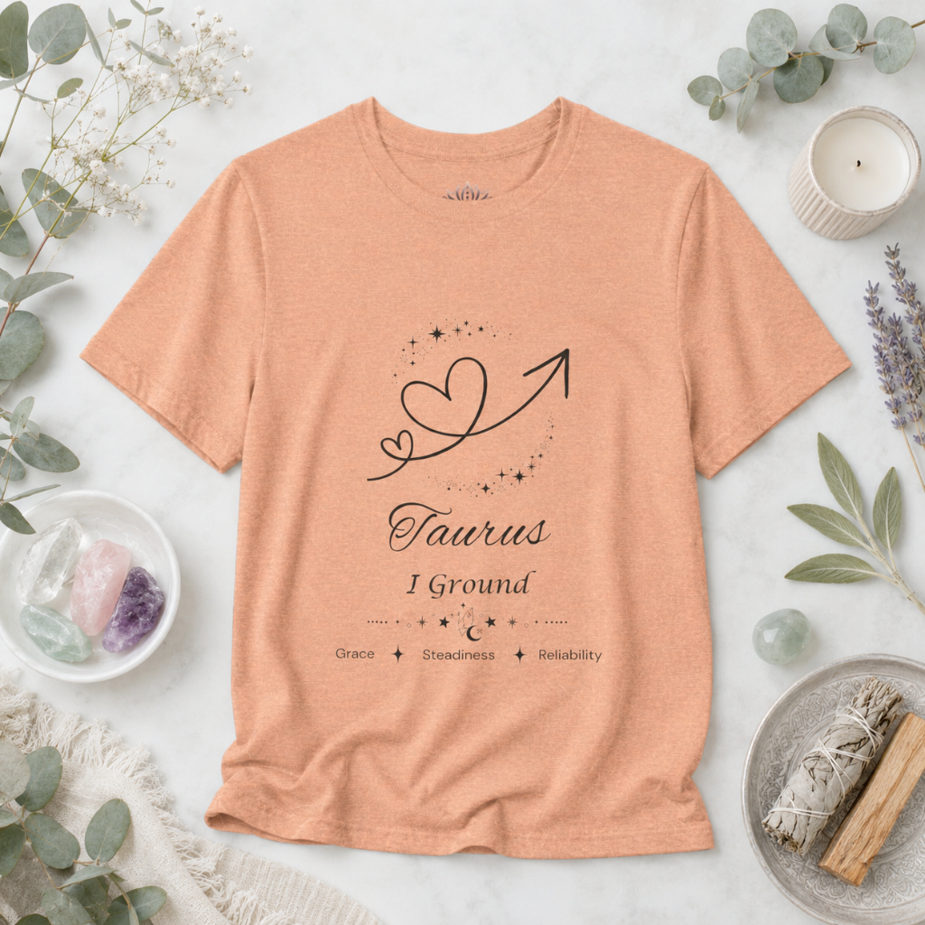 Taurus Rising I Ground zodiac T-shirt in Heather Peach with black celestial heart and arrow artwork and Grace, Steadiness, Reliability text, styled in a studio botanical flat lay. — for Carpe Diem Dream