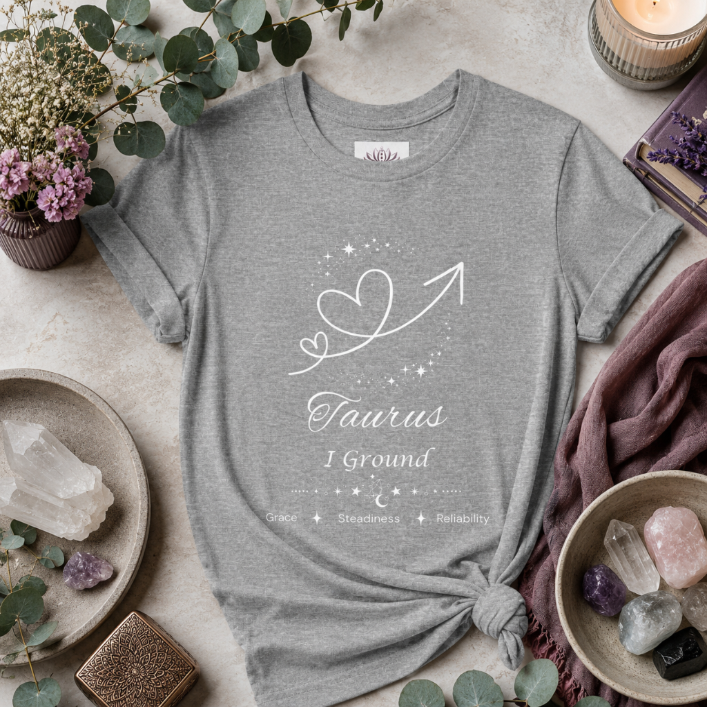 Taurus Rising I Ground zodiac T-shirt in Athletic Heather with white celestial heart and arrow artwork and Grace, Steadiness, Reliability text, styled in a cool-toned studio botanical flat lay. — for Carpe Diem Dream