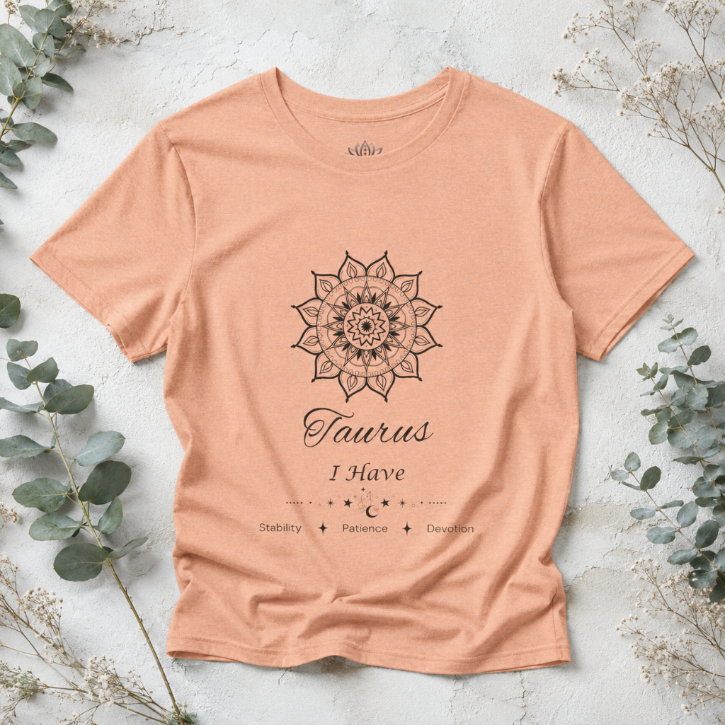 Taurus Sun I Have zodiac T-shirt in heather peach with black sun-inspired mandala artwork and Stability, Patience, Devotion text, styled in a cool-toned studio botanical flat lay. — for Carpe Diem Dream
