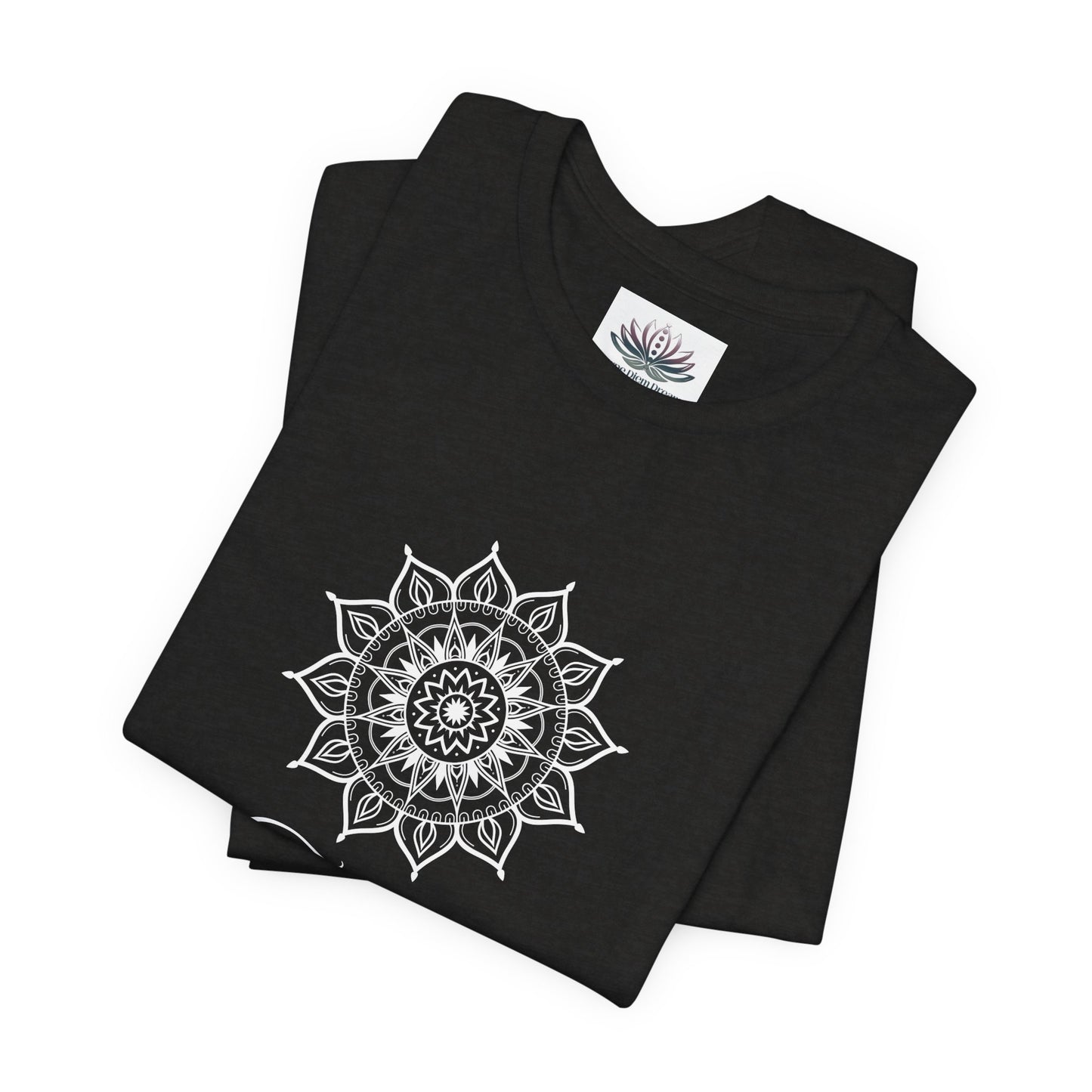 Taurus Sun I Have zodiac T-shirt in black heather with white sun-inspired mandala artwork, shown folded with Carpe Diem Dream neck label in a supplier mockup. — for Carpe Diem Dream