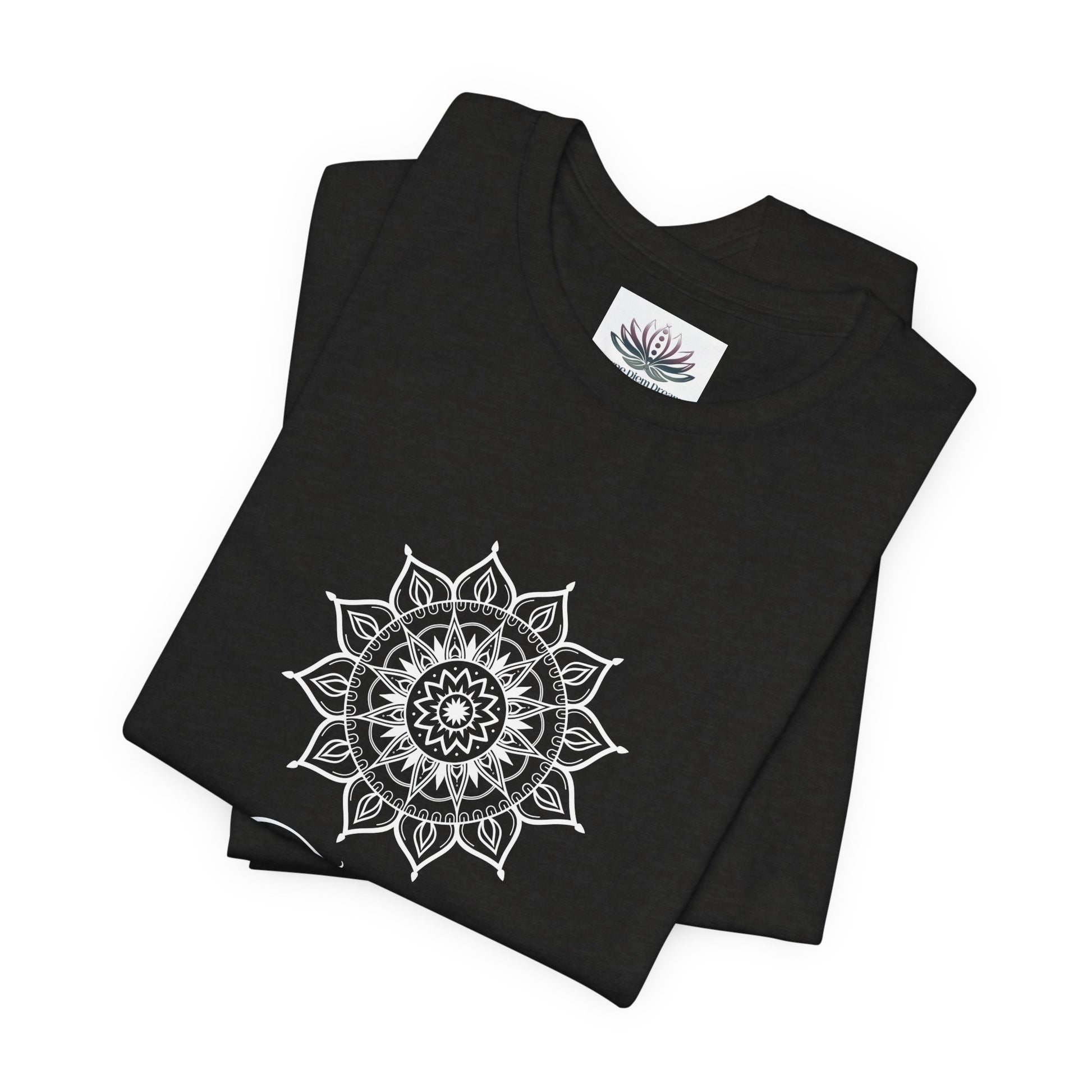 Taurus Sun I Have zodiac T-shirt in black heather with white sun-inspired mandala artwork, shown folded with Carpe Diem Dream neck label in a supplier mockup. — for Carpe Diem Dream
