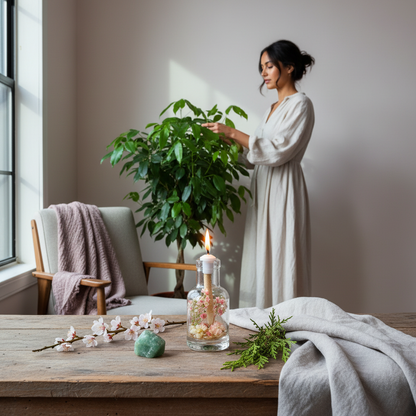 A Taurus zodiac oil candle with soft blush and white botanicals in a clear glass vessel sits on a wooden table with greenery and soft textiles while a person tends to a plant in a calm, natural home setting. — for Carpe Diem Dream
