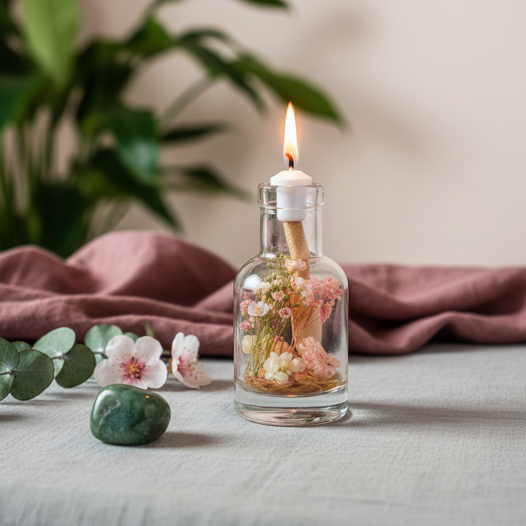 A Taurus zodiac oil candle with soft blush and white botanicals in a clear glass vessel sits on linen with greenery, blossoms, and a draped fabric backdrop in a softly lit lifestyle setting. — for Carpe Diem Dream