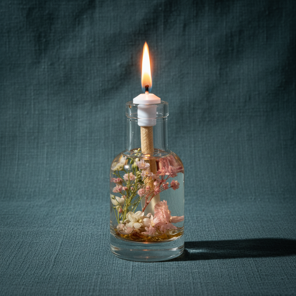 A Taurus zodiac oil candle with soft blush and white botanicals in a clear glass vessel burns with a steady flame against a textured teal linen background. — for Carpe Diem Dream