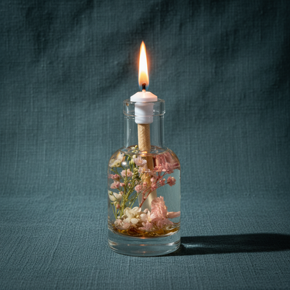 A Taurus zodiac oil candle with soft blush and white botanicals in a clear glass vessel burns with a steady flame against a textured teal linen background. — for Carpe Diem Dream