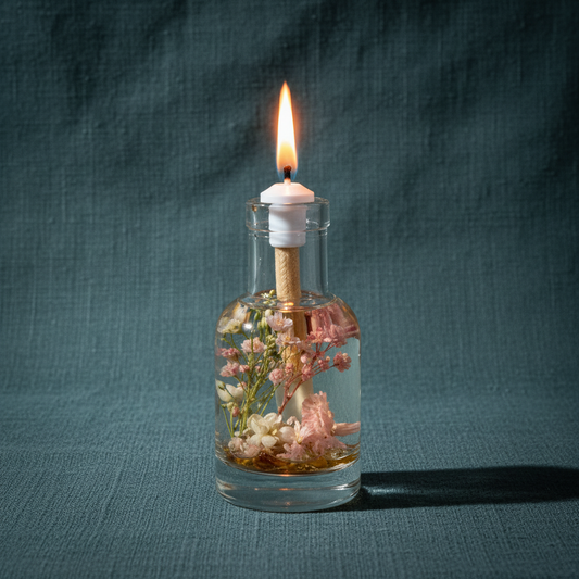 A Taurus zodiac oil candle with soft blush and white botanicals in a clear glass vessel burns with a steady flame against a textured teal linen background. — for Carpe Diem Dream