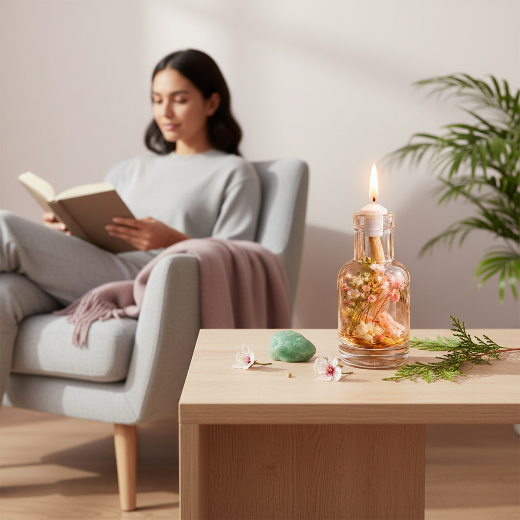 A Taurus zodiac oil candle with soft blush and white botanicals in a clear glass vessel sits on a wooden table beside greenery and blossoms while a person reads in a calm, softly lit meditation setting. — for Carpe Diem Dream