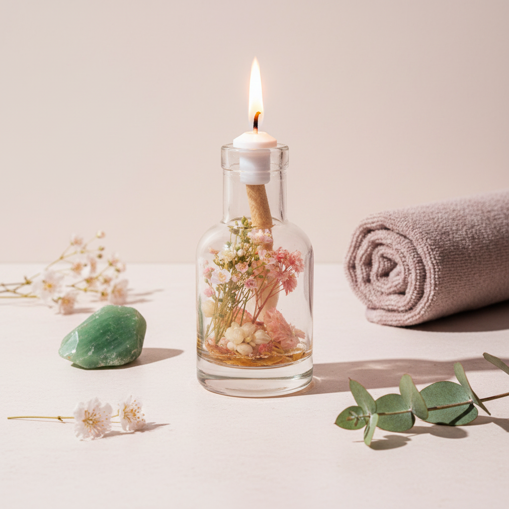 A Taurus zodiac oil candle with soft blush and white botanicals in a clear glass vessel is styled with a rolled towel, greenery, and blossoms on a soft neutral surface in a calm spa-inspired setting. — for Carpe Diem Dream