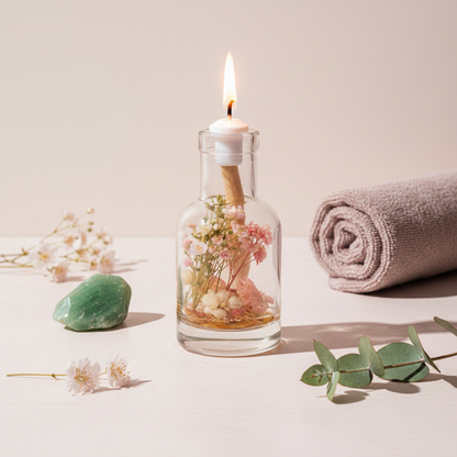 A Taurus zodiac oil candle with soft blush and white botanicals in a clear glass vessel is styled with a rolled towel, greenery, and blossoms on a soft neutral surface in a calm spa-inspired setting. — for Carpe Diem Dream