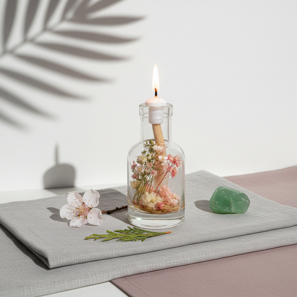 A Taurus zodiac oil candle with soft blush and white botanicals in a clear glass vessel is styled on layered linen with blossoms, greenery, and a green stone against a light neutral background. — for Carpe Diem Dream