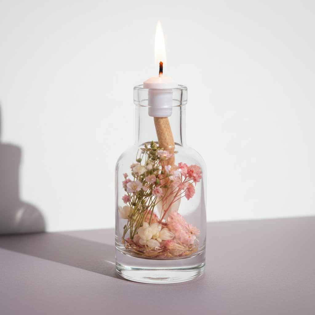 A Taurus zodiac oil candle with soft blush and white botanicals in a clear glass vessel burns with a steady flame against a soft neutral studio background. — for Carpe Diem Dream