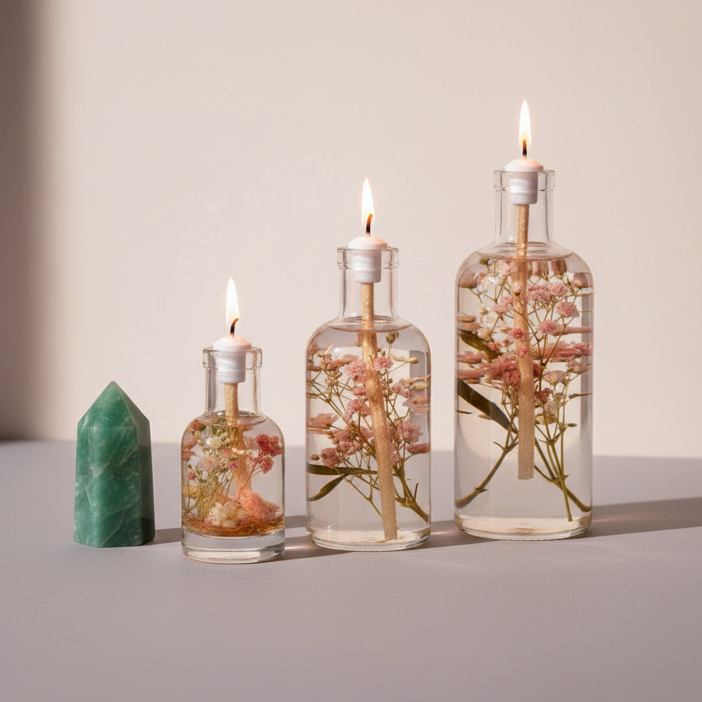 Three Taurus zodiac oil candles in different sizes with soft blush and white botanicals in clear glass vessels are displayed side by side on a neutral background with a subtle green crystal accent. — for Carpe Diem Dream