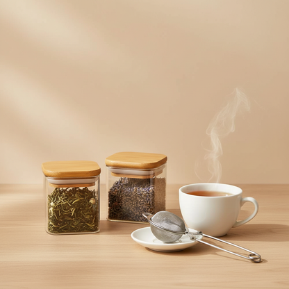 Clear glass storage jars with bamboo lids filled with tea leaves beside a steaming cup and tea strainer on a warm neutral surface. — for Carpe Diem Dream