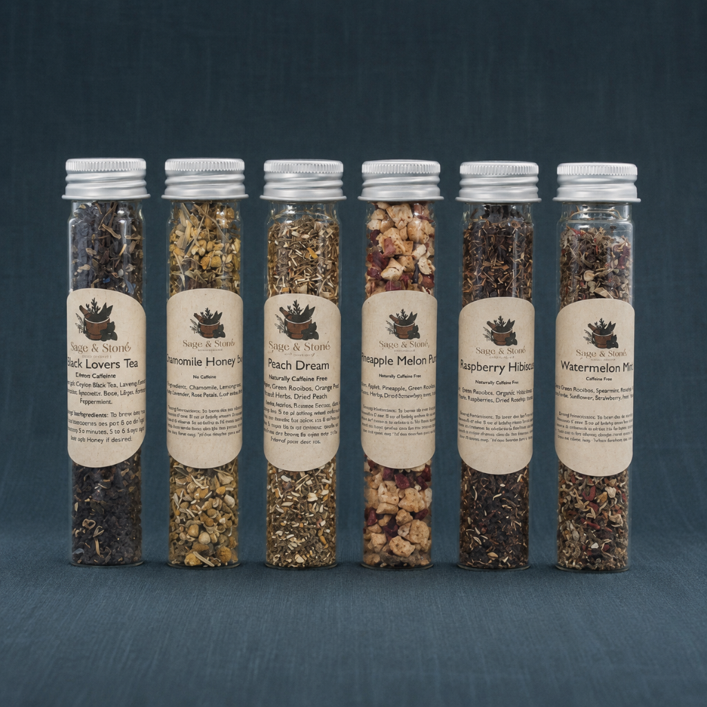 Fruity Tea Sampler with six labeled tea tubes on a dark teal linen backdrop. — for Carpe Diem Dream