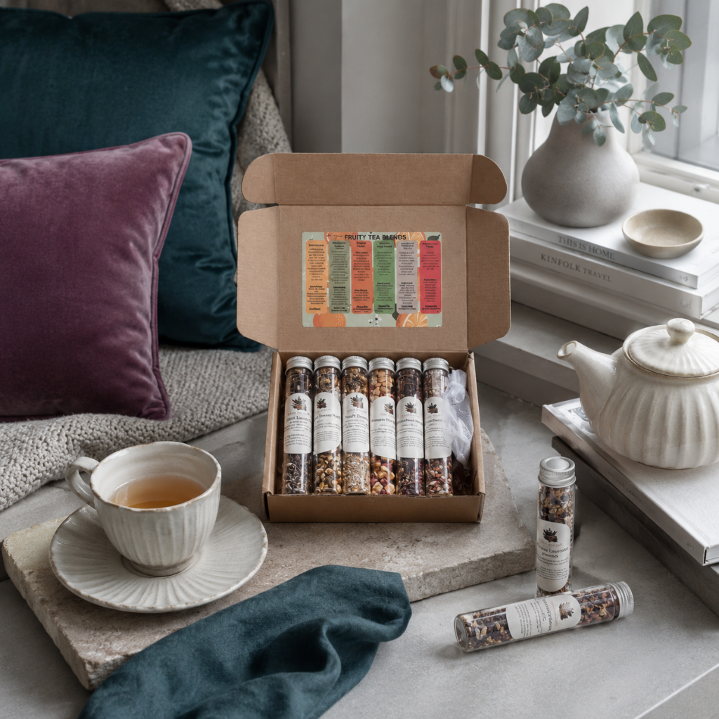 Fruity Tea Sampler box styled in a peaceful window-side tea ritual with teacup, soft stone, eucalyptus, dark teal textile, and mauve pillows. — for Carpe Diem Dream