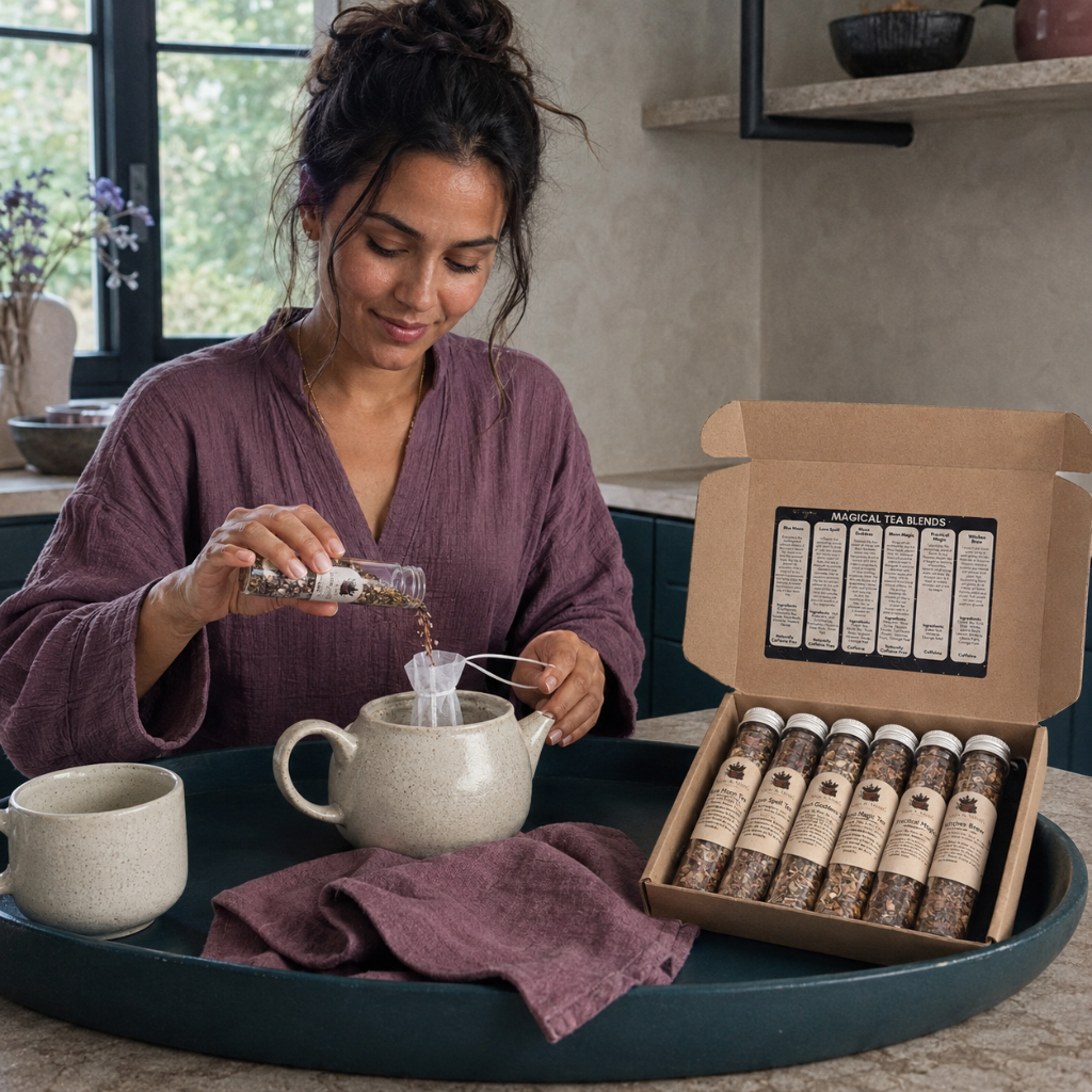 Woman preparing Magical Tea Sampler loose tea with a drawstring infuser, teapot, open sampler box, mauve linen, and dark teal tray. — for Carpe Diem Dream
