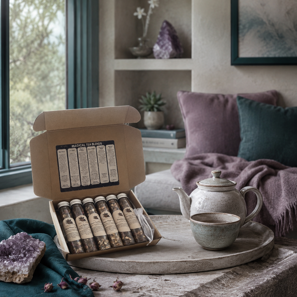 Magical Tea Sampler box styled in a calm tea room with teapot, stone tray, mauve textiles, dark teal accents, and amethyst décor. — for Carpe Diem Dream